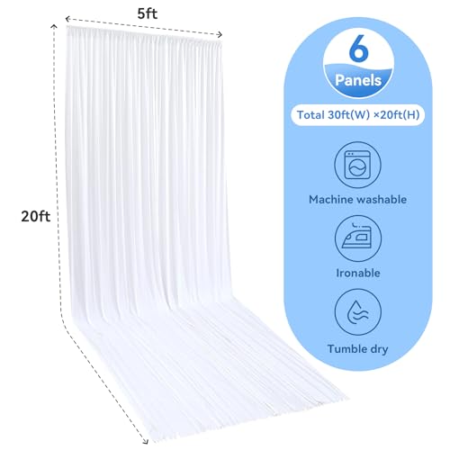 White Ceiling Drapes 6 Panels 5x20ft - Wrinkle Free Canopy Fabric Curtains