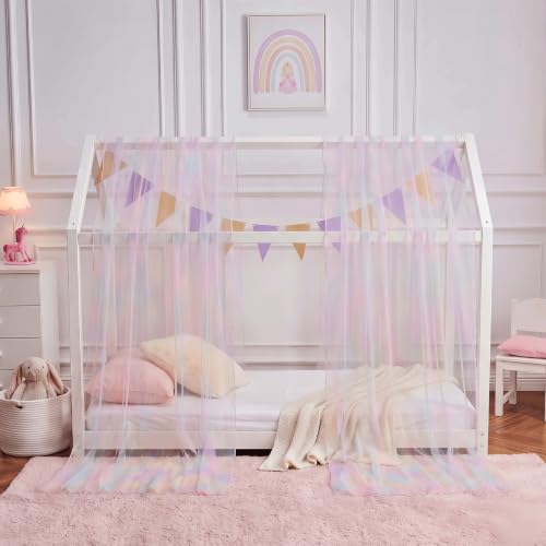 Rainbow Tie-Dye Bed Canopy for Kids with Lights, Sheer Tulle Curtains