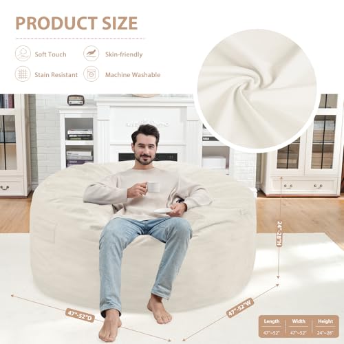 5ft Memory Foam Bean Bag Chair - Large Round Velvet Beanbag Sofa, Beige