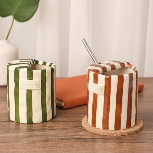 Ferrochef 10oz Ceramic Coffee Mug Set with Sip Hole - Green & Brown, 2 Pack
