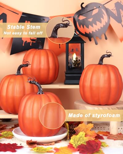6-Inch Artificial Orange Pumpkins, 4 Pack Foam Harvest Fall Decor