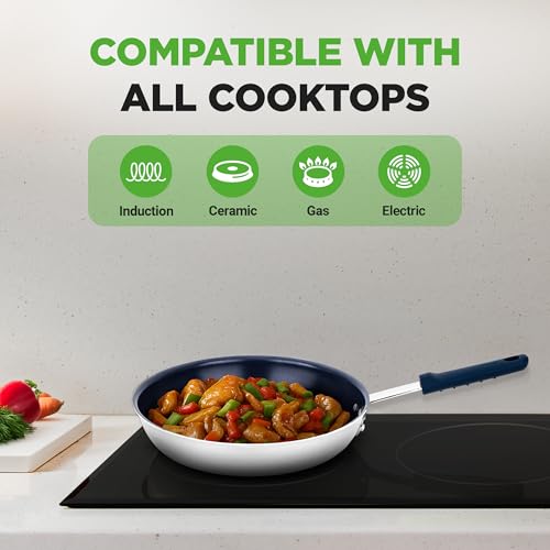 NutriChef 10 Inch Non Stick Ceramic Coated Frying Pan, Aluminum Frying Pan with Silicone Handle, Stain-Resistant, PFOA Free ? Compatible with Gas, Electric, Induction, and Ceramic Cooktops
