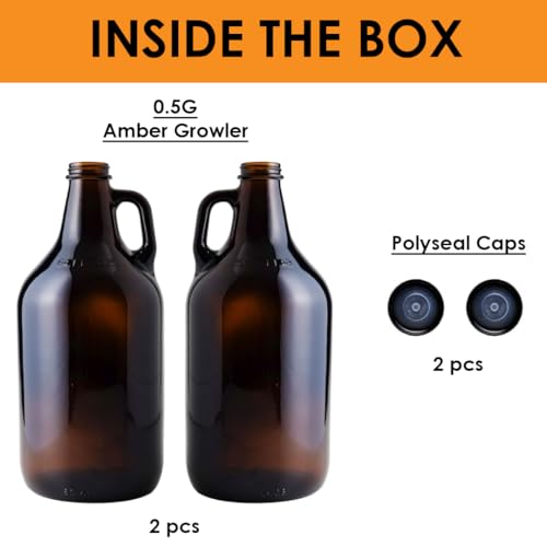 Amber Glass Growler Jugs 64oz with Polyseal Caps 2 Pack