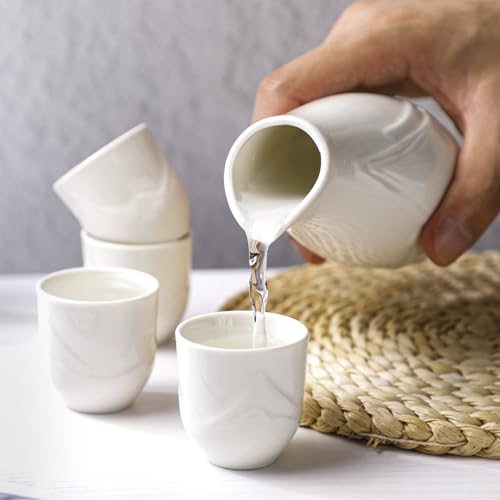 Zioliopaner 5-Piece Japanese Sake Set - White Ceramic Carafe & Cups for Home & Restaurant