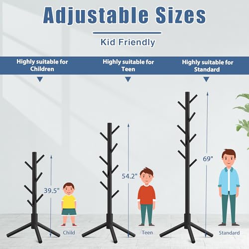 Adjustable Wooden Coat Rack Stand with 8 Hooks, Freestanding Pine Tree