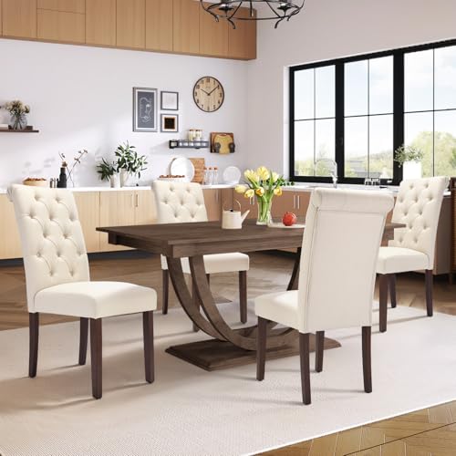 Tufted Upholstered Dining Chairs - Set of 2, Beige Linen Parsons Chairs