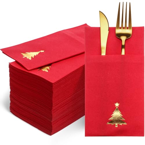 Ctosree 50 Pcs Christmas Napkins with Built-in Flatware Pocket - Red Gold Christmas Tree Theme