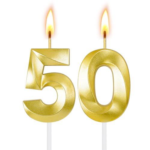 Gold Number 50 Birthday Candle with Holder | Milestone Cake Topper