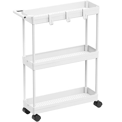 3-Tier Slim Rolling Storage Cart with Handle - 5.5-Inch Narrow Organizer, White