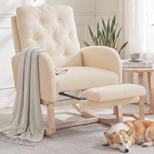 Upholstered Nursery Rocking Chair with Ottoman, Beige Teddy Fabric