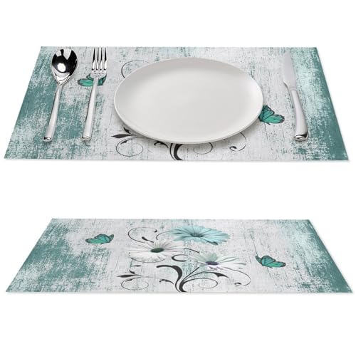 Retro Daisy Teal Floral Farmhouse Placemats Set of 6 - 12x18in, GARSYDAM, 6pcs, Daisy01