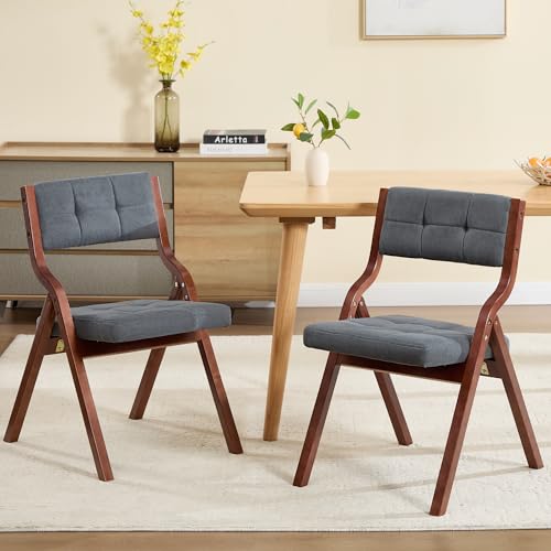 Padded Wooden Folding Dining Chairs - Walnut & Dark Grey, Set of 2
