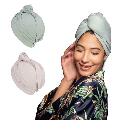 KISMETICS 2-Pack Cotton Blend Hair Plopping Towels with Button - Sage & Pink