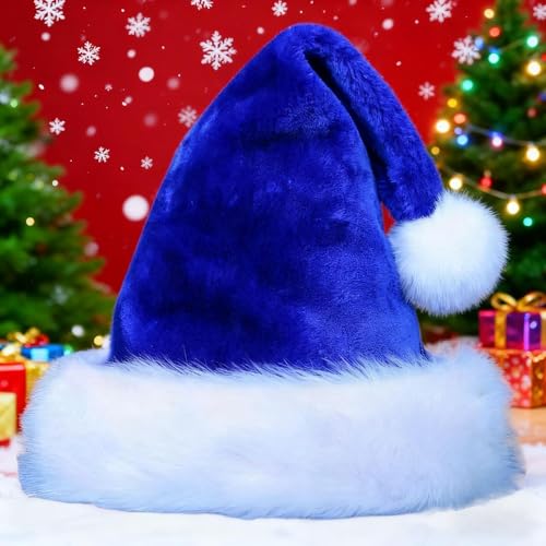 Blue Christmas Hats Plush Velvet Santa Hats for Adults & Kids - Holiday Party Supplies