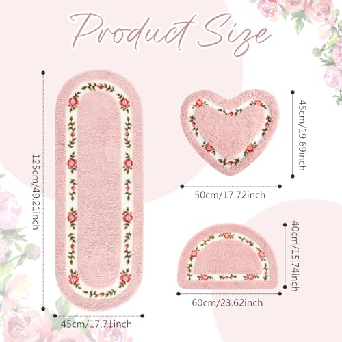 3-Piece Rose Flower Bathroom Rug Set, Non-Slip Absorbent Floral Bath Mats