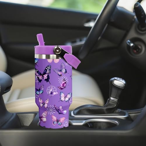 Purple Butterfly 30 OZ Insulated Tumbler with Handle & Flip Straw Lid - Leak Proof
