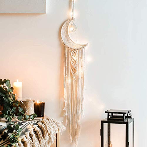 Moon Macrame Wall Hanging with LED String Lights - Boho Wall Decor