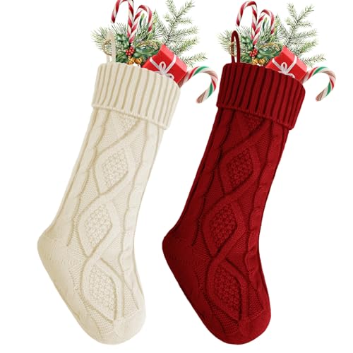 Large 18-Inch Knitted Christmas Stockings, 2-Pack Farmhouse Holiday Decor