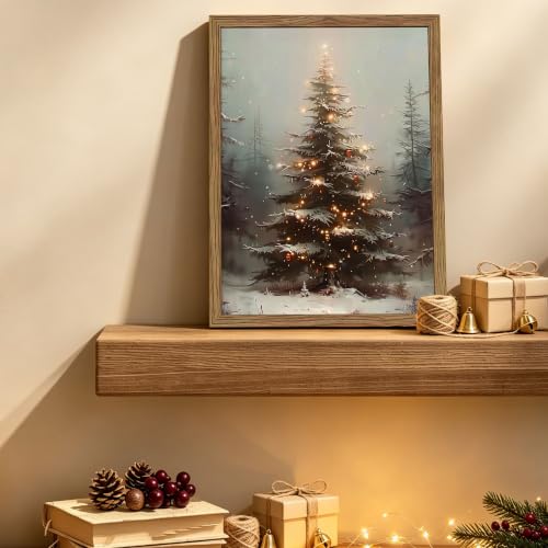 Vintage Christmas Wall Art Framed Snowy Tree Winter Scene 16x12 Inch