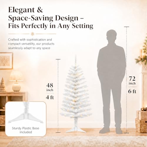 PineSpark 4ft White Christmas Tree with 50 LED Lights - Winter Wonderland Slim Pencil