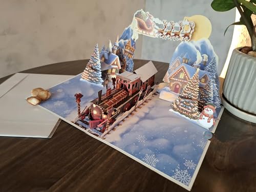 Christmas Train Pop Up Card - 3D Vintage Steam Locomotive Holiday Card, 6 x 8 Inches
