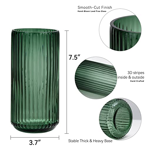7.5 Inch Green Glass Flower Vase - Thickened Cylindrical Table Decor