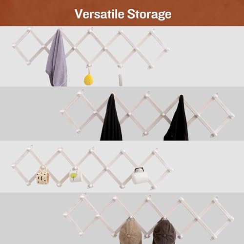 Rustic Expandable Wall Mounted Coat Rack with 16 Wood Hooks, Shabby White
