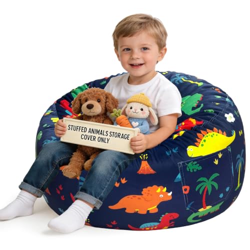 Lukeight Dinosaur Stuffed Animal Storage Bean Bag Chair Cover for Kids, 27" Large Velvet Plush Seat, Side Pocket, No Filler