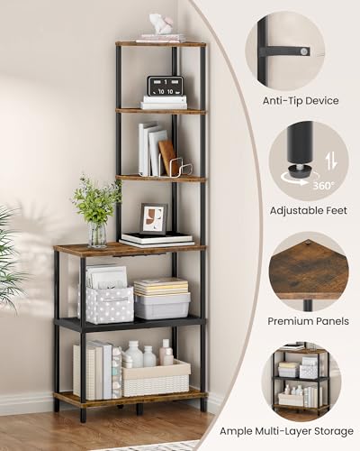 6-Tier Industrial Corner Bookshelf, Rustic Brown Storage Display Stand
