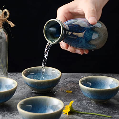Japanese Ceramic Sake Set with Bottle and 4 Cups - Traditional Tokkuri & Ochoko