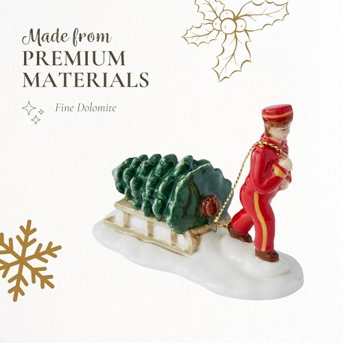 Christmas Village Bell Hop Figurine with Tree, Dolomite Holiday Decor