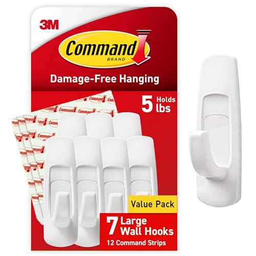 Command Large Utility Hooks, 7 Hooks & 12 Adhesive Strips, Holds 5 lbs