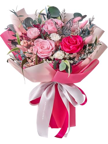 Preserved Real Rose Bouquet with Gift Box - Hot Pink Forever Flowers
