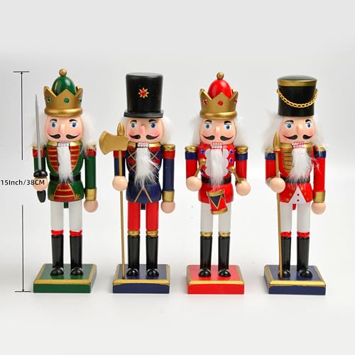 ENLAYER 4PCS 15 Inch Wooden Nutcracker Christmas Decorations - Festive Hand-Painted Collectible Set, Winter Table & Fireplace Decor (Variant: 15in-a4)
