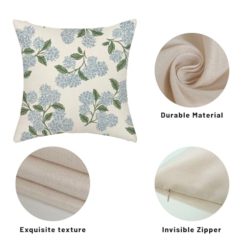 Floral Outdoor Pillow Covers 18x18 Inch - Set of 2 Blue Hydrangea Linen