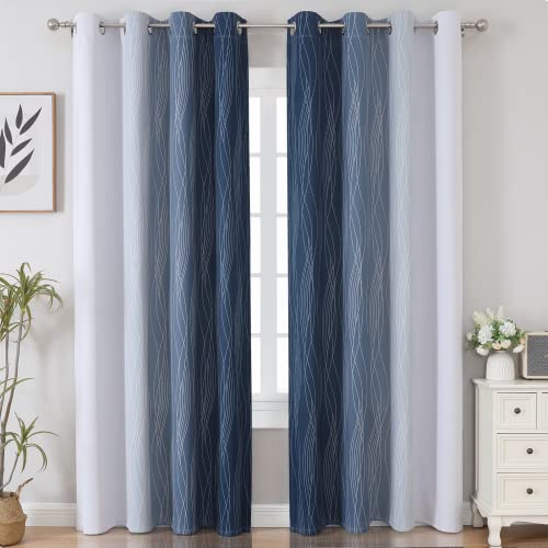 Navy Blue Ombre 100% Blackout Curtains, Thermal Grommet Drapes (52" x 84", 2 Panels)