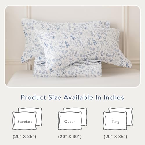 Floral King Pillow Shams Set of 2, 20x36 Blue and White Quilted Cotton