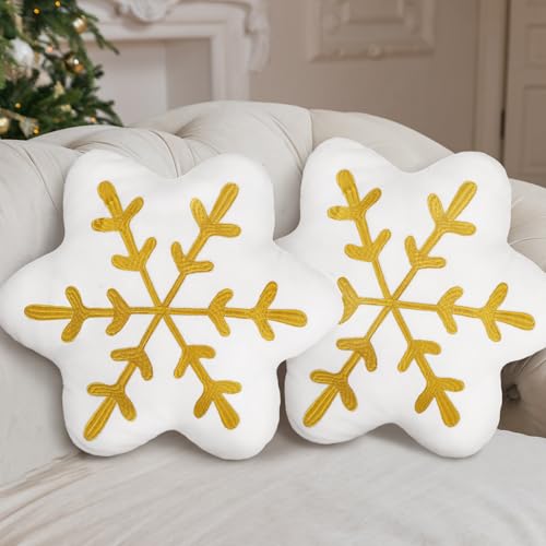Soaoo Gold Snowflake Throw Pillows, 2-Pack Sherpa 13.8in Cushions for Sofa/Bed