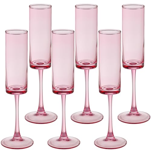 Pink Champagne Flutes Set of 6 - 6 OZ Hand Blown Crystal Wine Glasses for Wedding & Celebrations (Variation: Pink / 6 PCS)