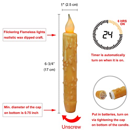 CVHOMEDECO 6 Pack Orange Hand Dipped Flameless LED Taper Candles with Timer, Rustic Primitive Decor