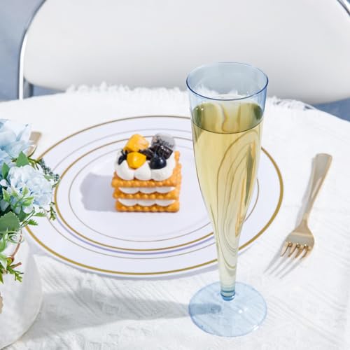 WDF 36 Pack Clear Blue Plastic Champagne Flutes 7oz Disposable Party Glasses