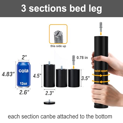 12-Inch Adjustable Bed Legs Replacement, 3-in-1 Height Set of 6