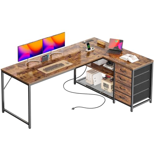 61-Inch L-Shaped Corner Desk with Power Outlets, 4 Drawers and Storage Shelves