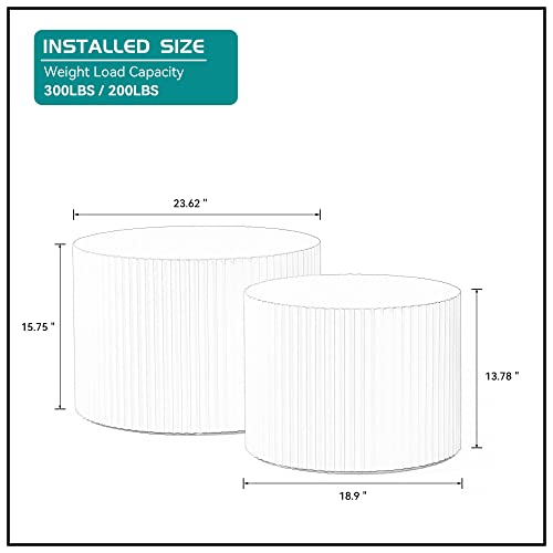 Modern Round Nesting Coffee Table Set of 2, Embossed Wood Drum Side Tables