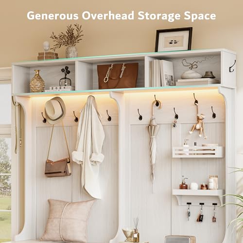 70-Inch Large Hall Tree with Bench and LED Lights, Farmhouse Entryway Storage