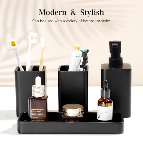 4-Piece Matte Black Bathroom Accessory Set - Resin Soap Dispenser & Holder