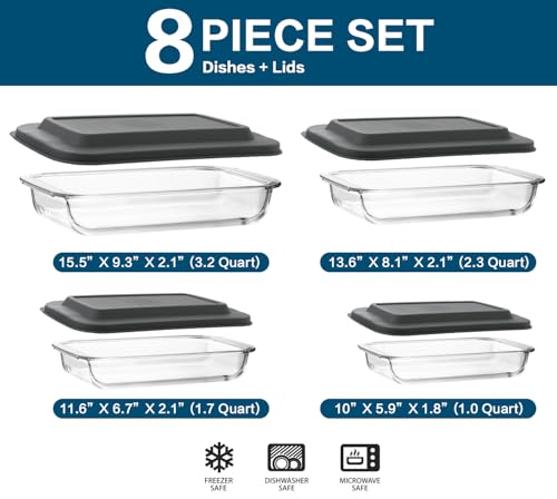 8-Piece Deep Glass Baking Dish Set with Lids - Rectangular Casserole Pans