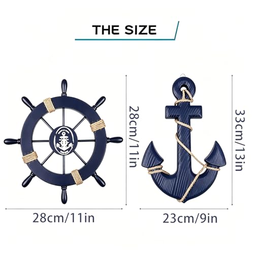 2-Piece Nautical Wooden Ship Wheel and Anchor Wall Art Decor Set