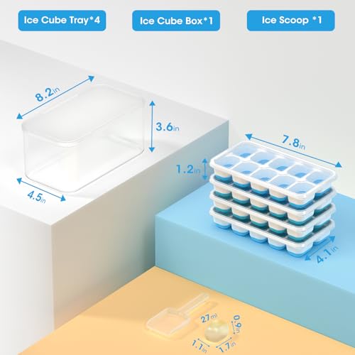 Silicone Ice Cube Tray Set with Lid, Bin & Scoop - 4 Pack Stackable