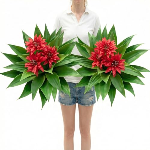 Artificial Agave Topiary Trees with Red Flowers, 27-Inch Outdoor Set of 2